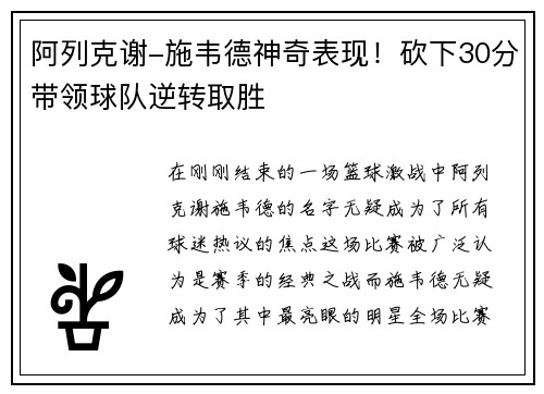 阿列克谢-施韦德神奇表现！砍下30分带领球队逆转取胜