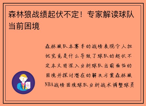 森林狼战绩起伏不定！专家解读球队当前困境